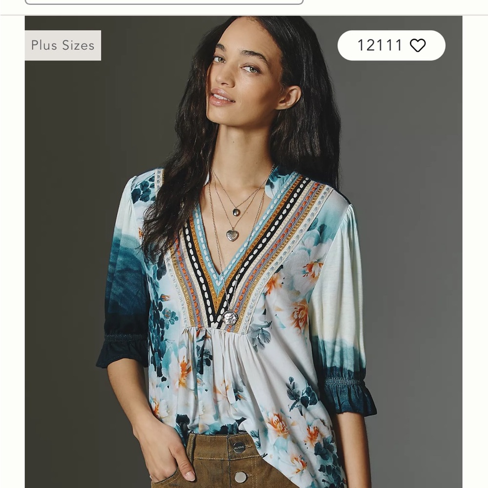 Anthropologie Blouse - Floral with Embroidered V-Neck - Green, Pink, off White - Picture 1 of 5